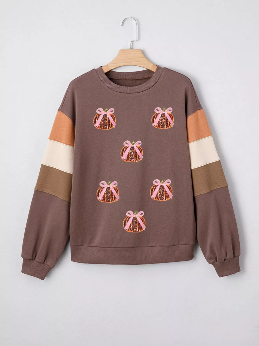 Bow Pumpkin Round Neck Sweatshirt - CELIVINE