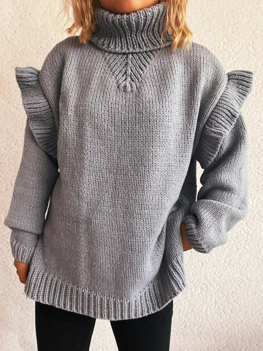 Ruffled Turtleneck Long Sleeve Sweater - CELIVINE