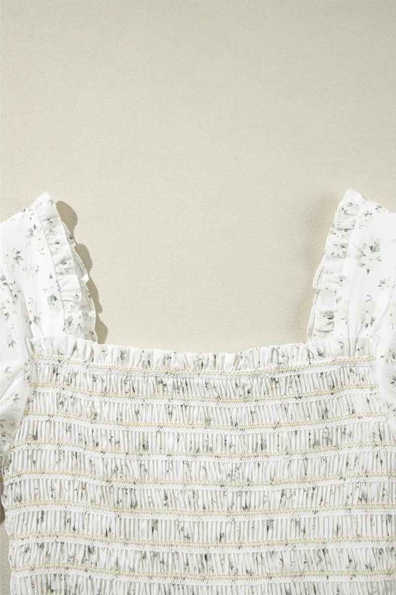 Smocked Printed Short Sleeve Jumpsuit - CELIVINE