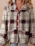Plaid Buttoned Stand Collar Fleece Jacket - CELIVINE