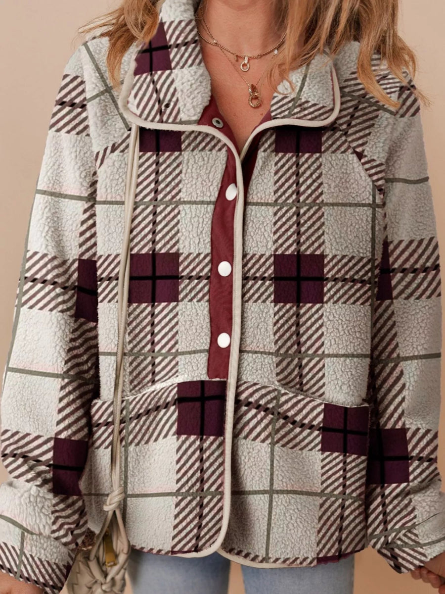 Plaid Buttoned Stand Collar Fleece Jacket - CELIVINE