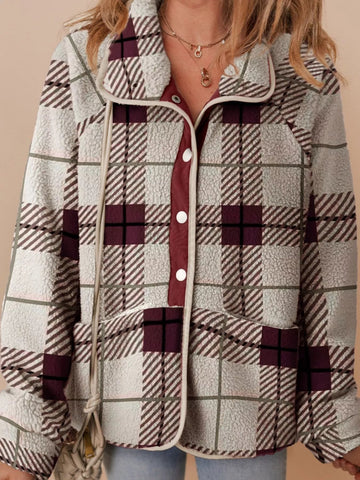 Plaid Buttoned Stand Collar Fleece Jacket - CELIVINE