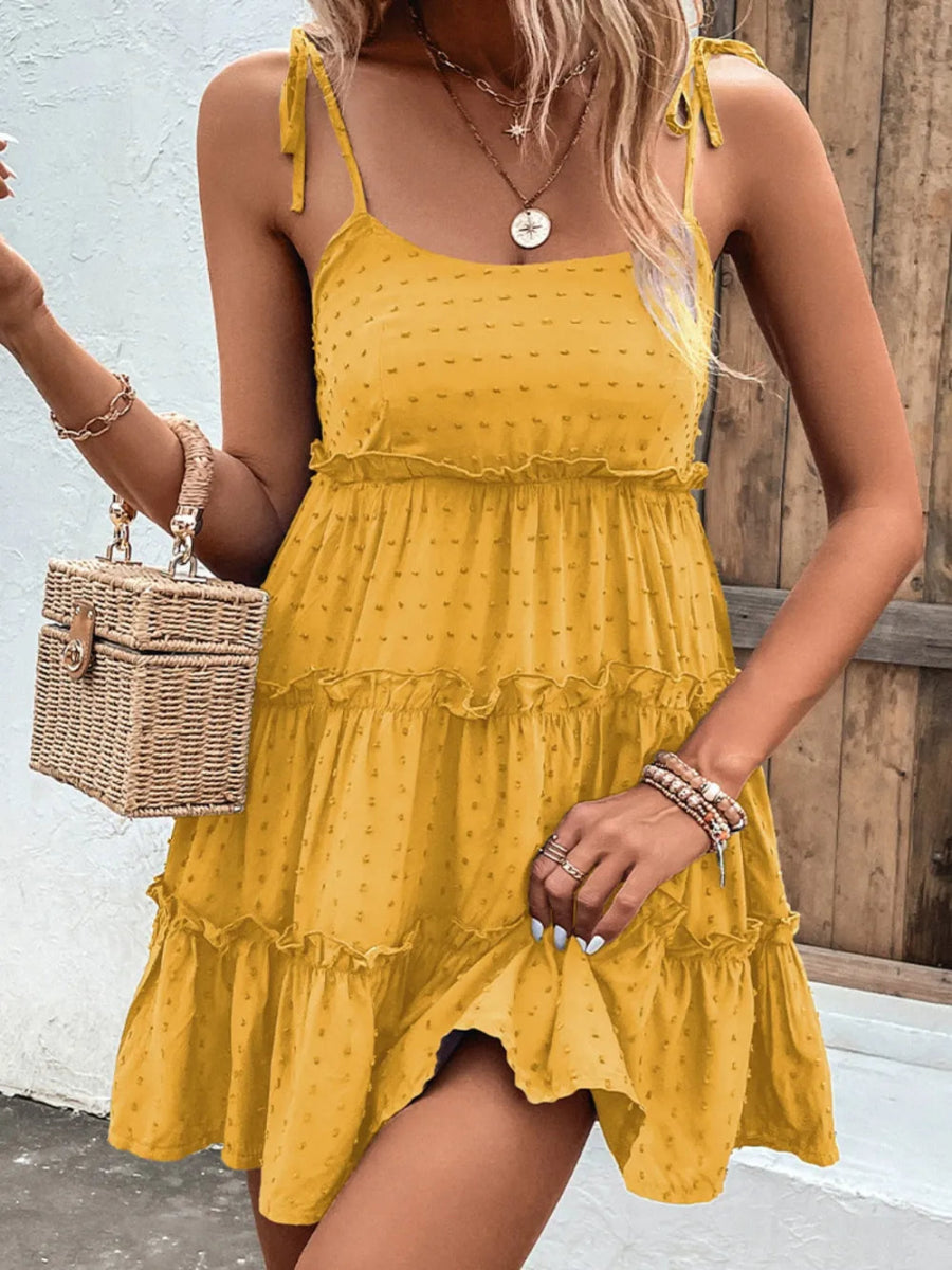 Frill Spaghetti Strap Tiered Dress - CELIVINE