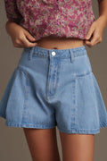 Pleated Patchwork Panel Lightweight Denim Shorts - CELIVINE