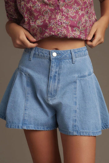 Pleated Patchwork Panel Lightweight Denim Shorts - CELIVINE