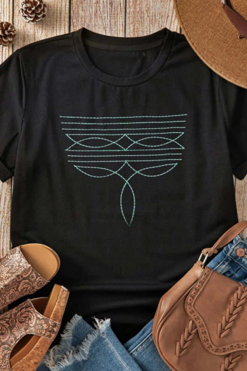 Embroidered Round Neck Short Sleeve T-Shirt - CELIVINE