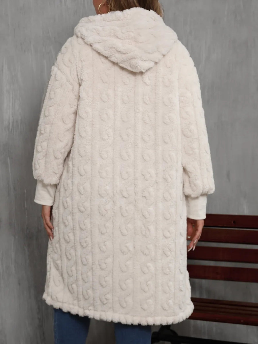 Plus Size Open Front Hooded Plush Coat - CELIVINE