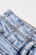 Rhinestone Light Wash Raw Hem High Waist Denim Shorts - CELIVINE