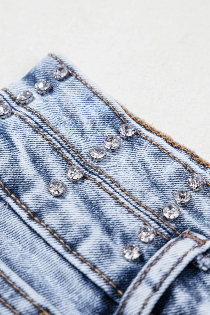 Rhinestone Light Wash Raw Hem High Waist Denim Shorts - CELIVINE