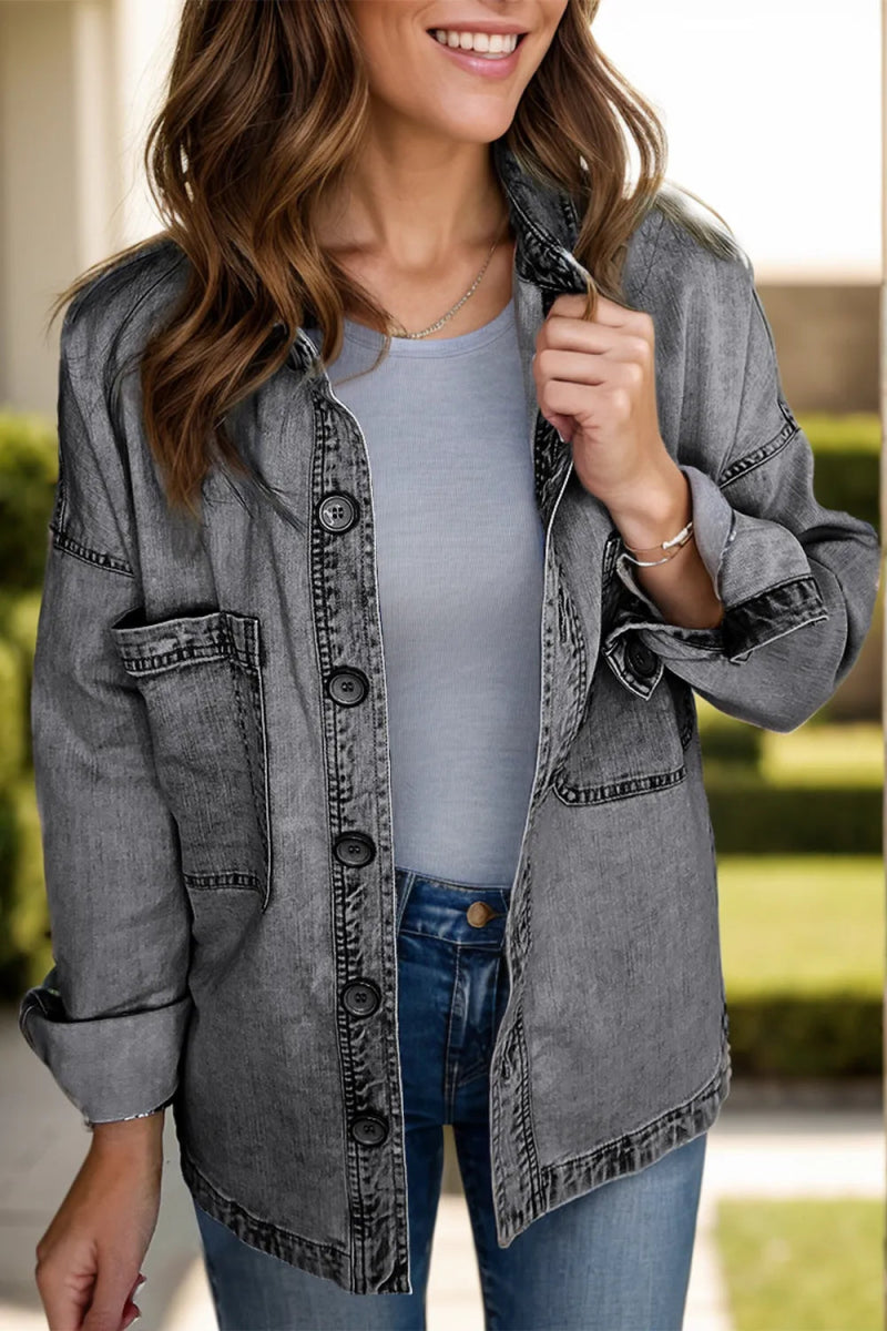Button Up Long Sleeve Denim Jacket - CELIVINE