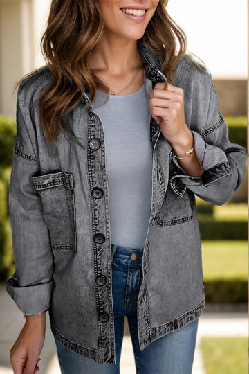 Button Up Long Sleeve Denim Jacket - CELIVINE