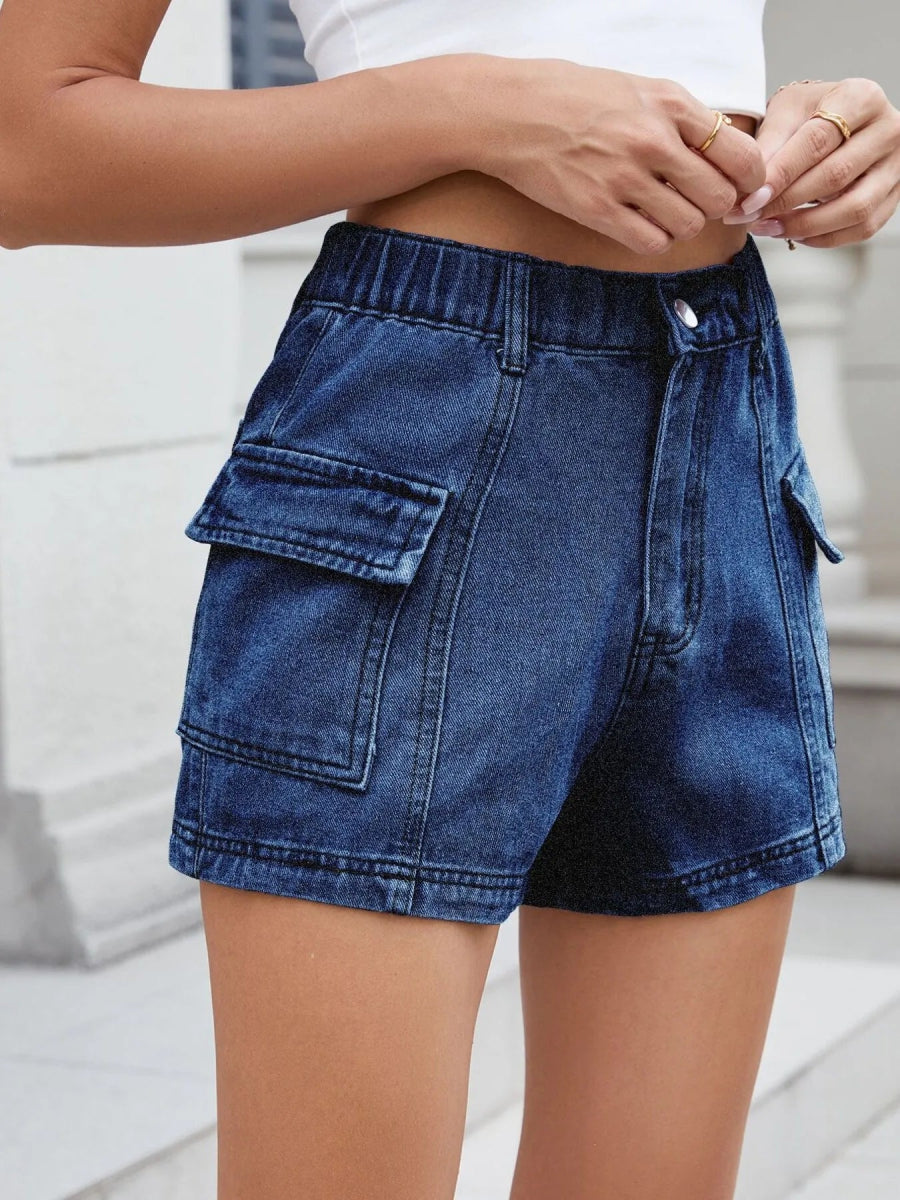 High Waist Cargo Denim Shorts - CELIVINE