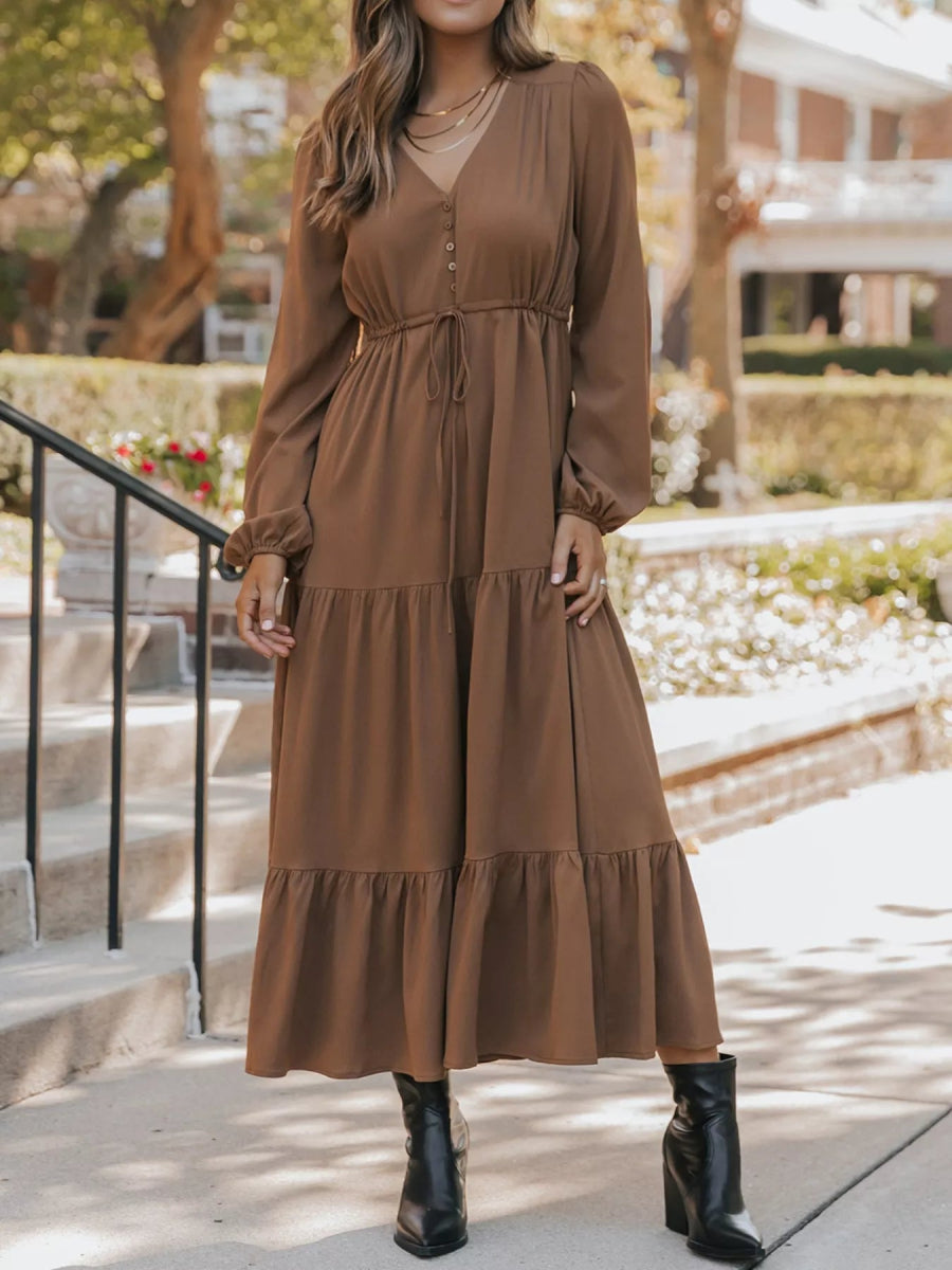 V - Neck Balloon Sleeve Tiered Dress - CELIVINE