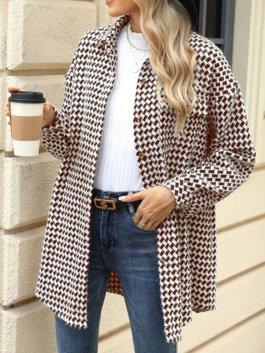 Houndstooth Button Up Long Sleeve Coat - CELIVINE
