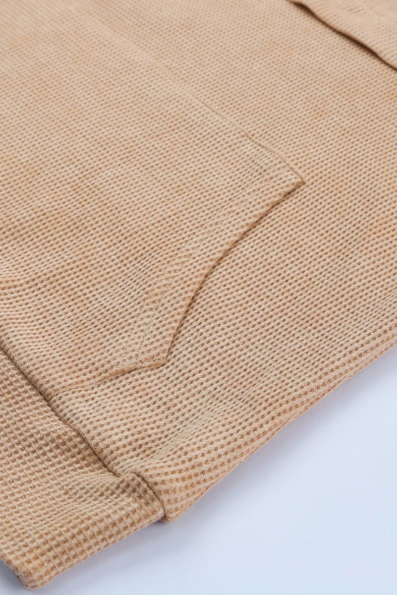 Waffle - Knit Drawstring Kangaroo Pocket Hoodie - CELIVINE