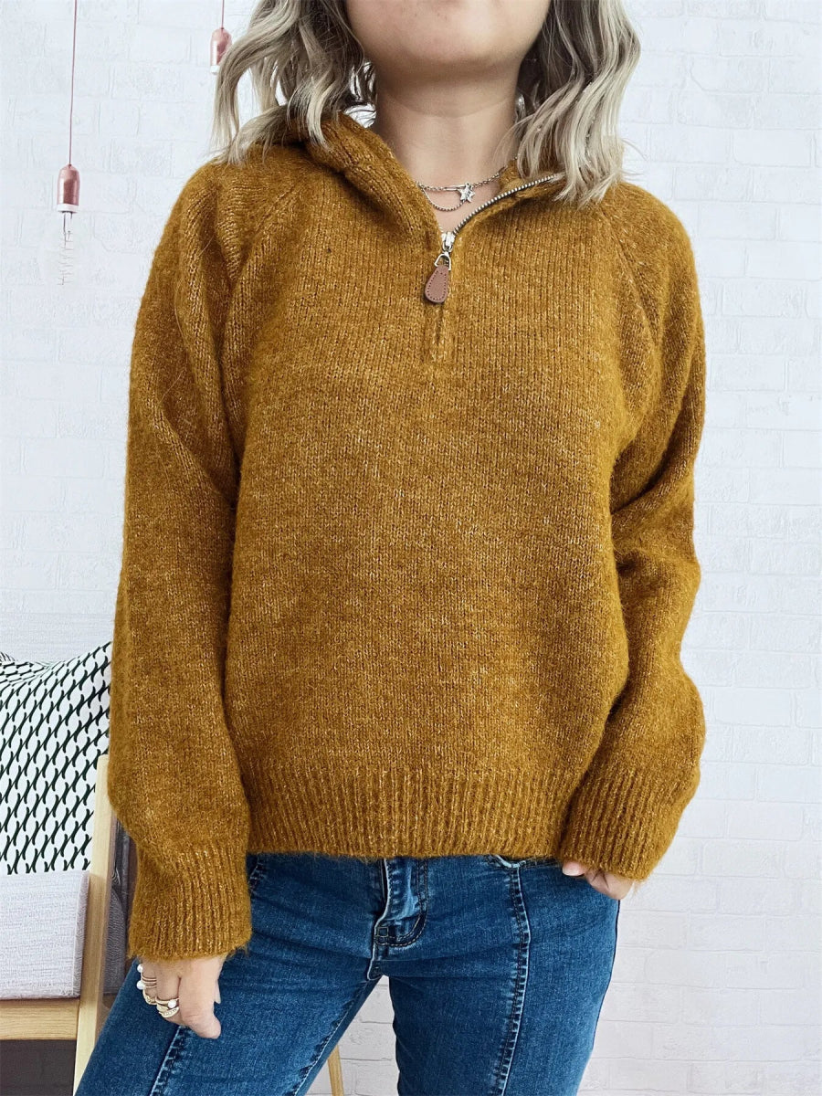 Quarter Zip Ribbed Hem Sweater - CELIVINE