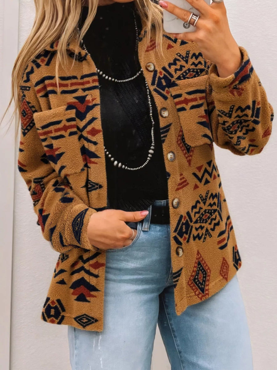 Western Aztec Pattern Fleece Button - Up Shacket - CELIVINE