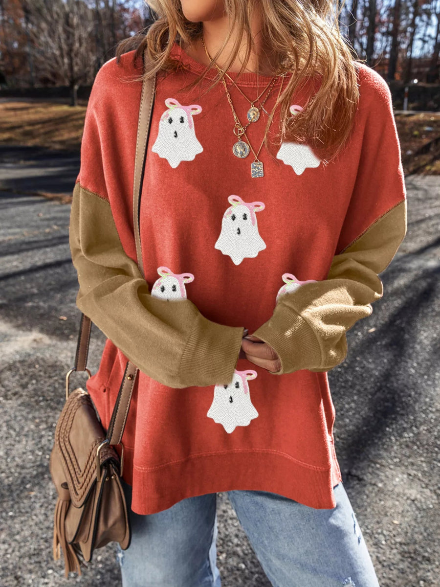 Halloween Glitter Ghost Patched Pattern Color Block Sweatshirt - CELIVINE
