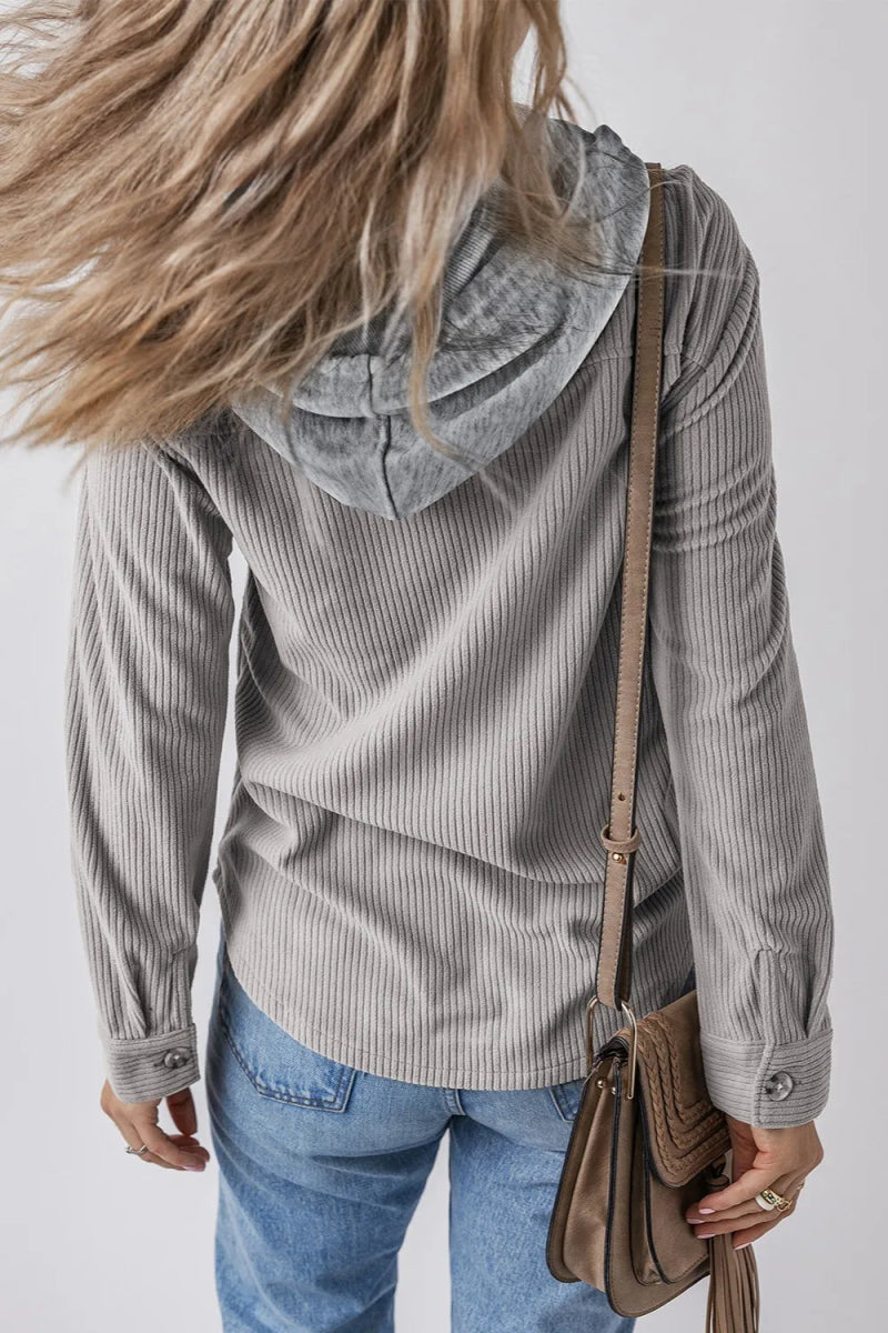 Drawstring Button Up Long Sleeve Hooded Jacket - CELIVINE