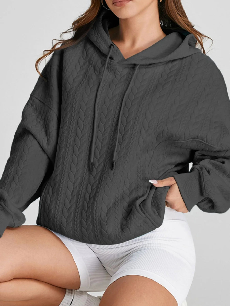 Drawstring Textured Baggy Solid Hoodie - CELIVINE