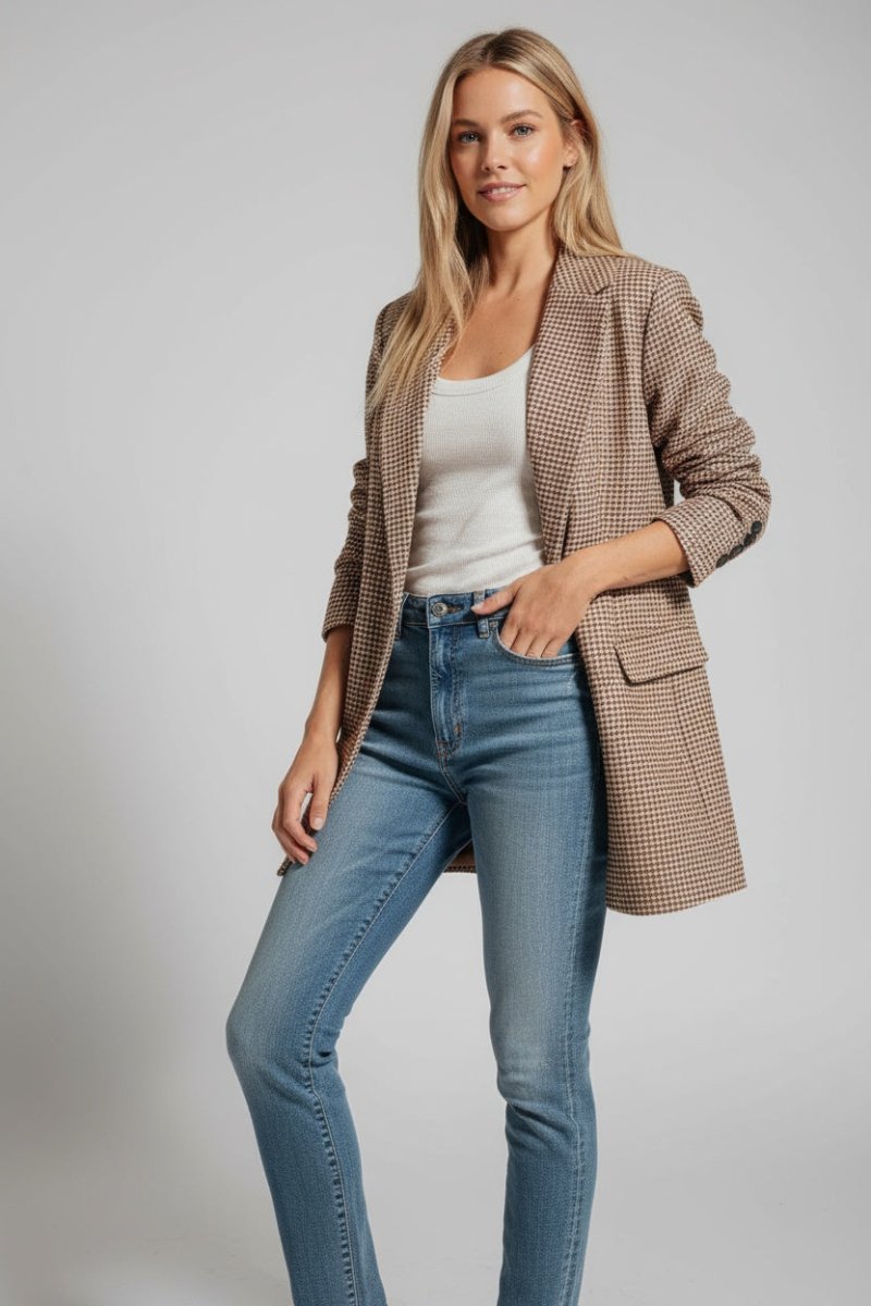 Houndstooth Lapel Collar Blazer - CELIVINE