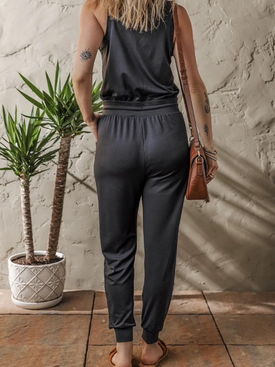 Tie Waist Sleeveless Jogger Jumpsuit - CELIVINE