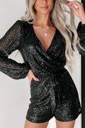 Sequin Surplice Long Sleeve Romper - CELIVINE