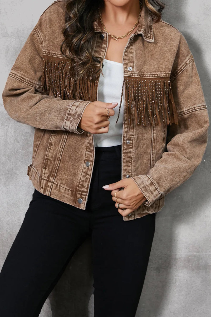 Fringe Trim Snap Down Denim Jacket - CELIVINE