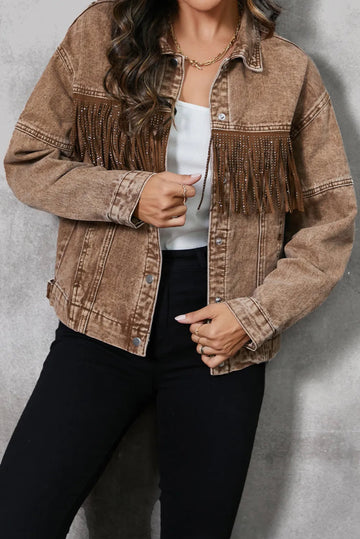 Fringe Trim Snap Down Denim Jacket - CELIVINE