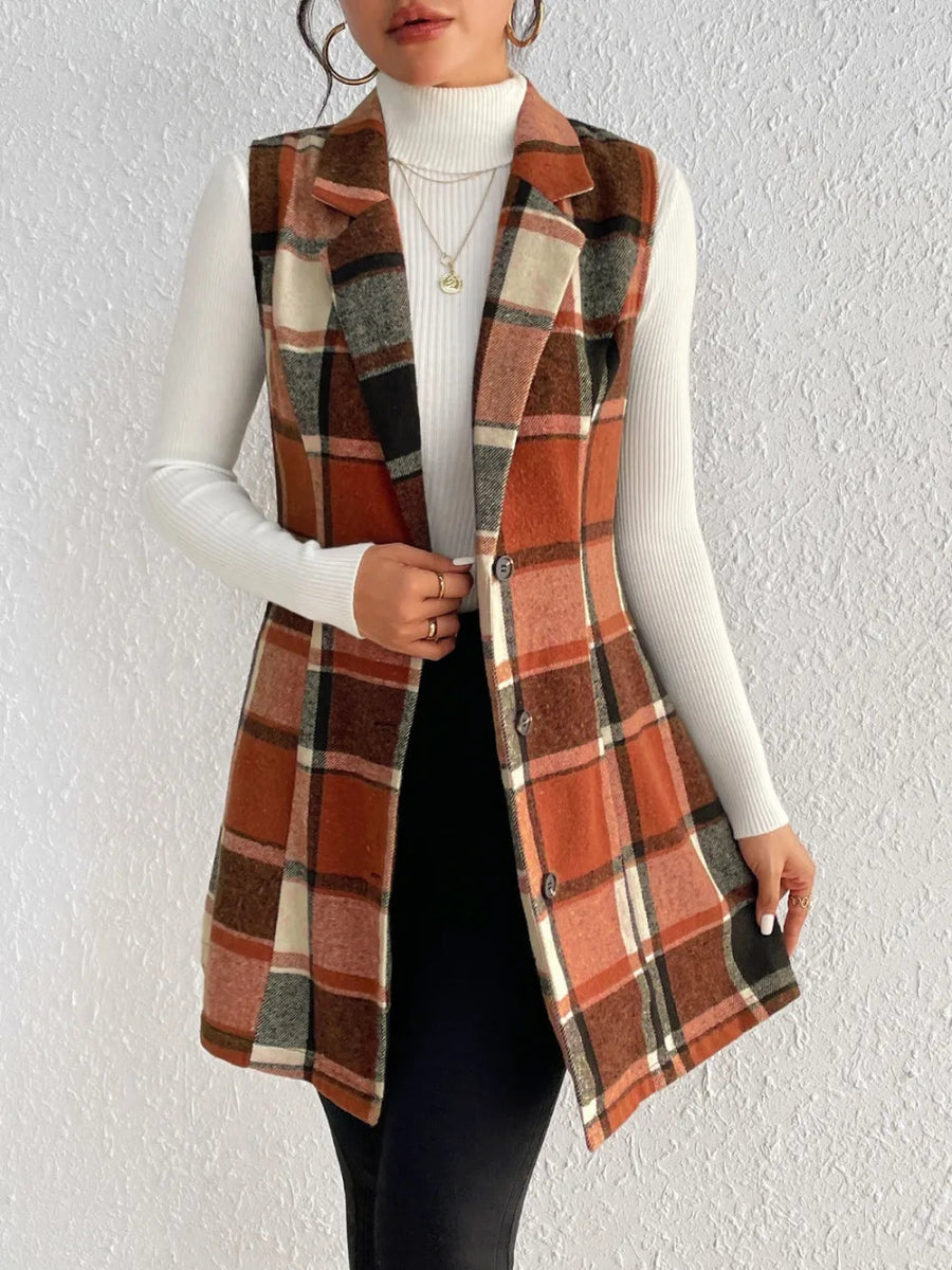 Honey Plaid Button Up Vest Coat - CELIVINE