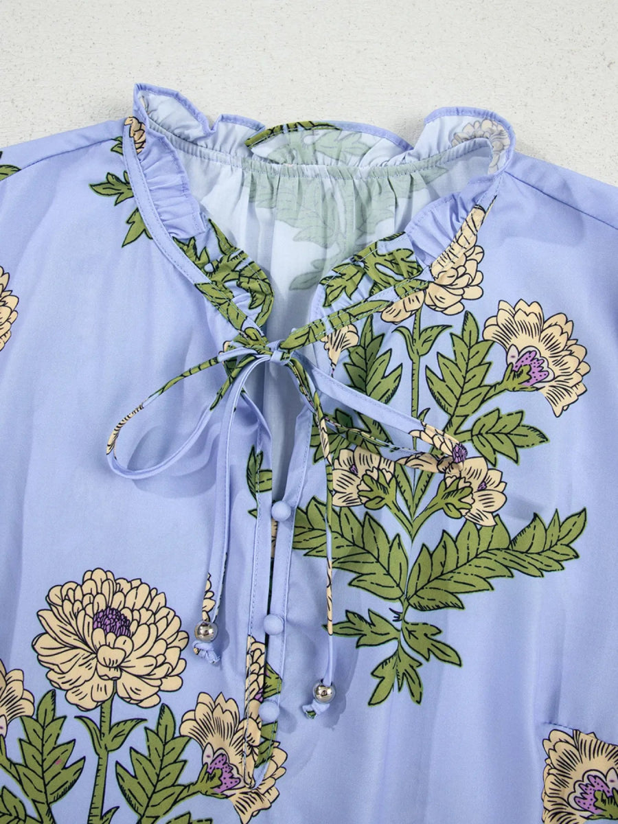Floral Print Long Sleeve Tie Neck Blouse - CELIVINE