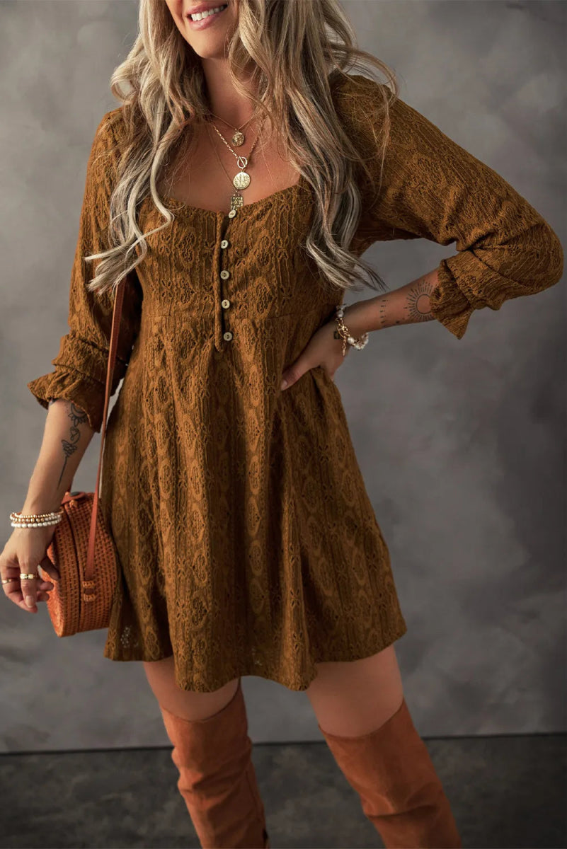 Textured Square Neck Mini Dress - CELIVINE