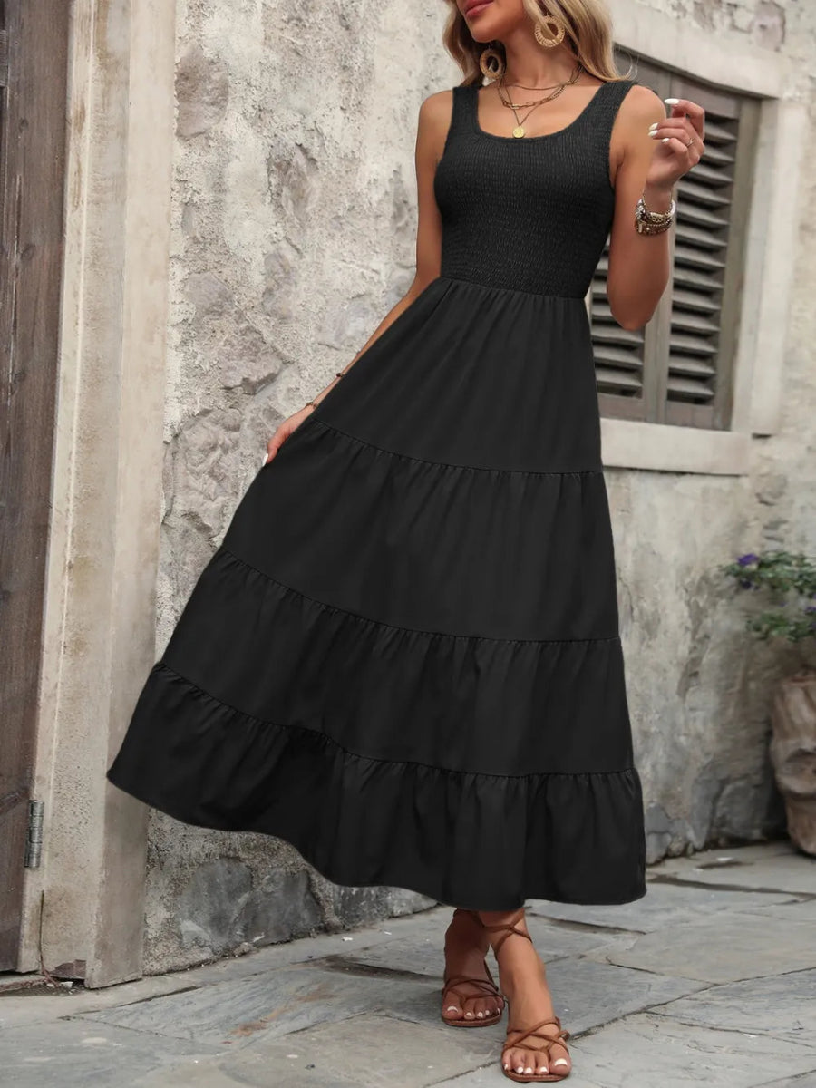 Smocked Scoop Neck Sleeveless Tank Dress - CELIVINE