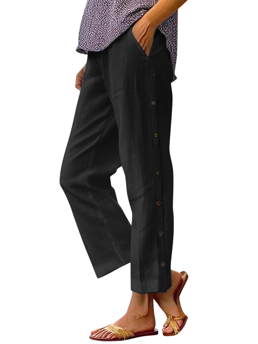 Full Size Side Decor Button Casual Wide Leg Pants Plus Size - CELIVINE