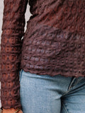 Sheer Mesh Patterned Lettuce Trim Slim Long Sleeve Top - CELIVINE