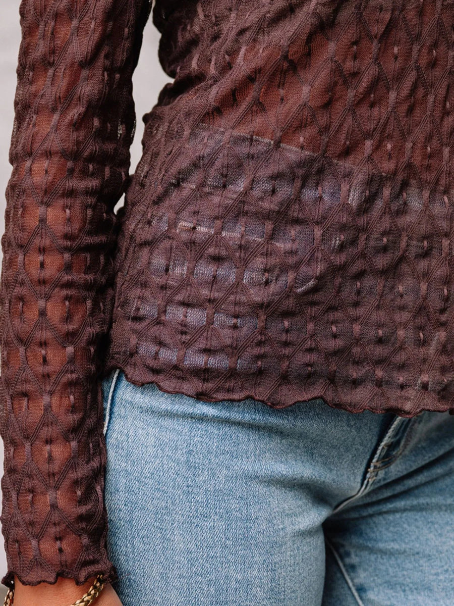 Sheer Mesh Patterned Lettuce Trim Slim Long Sleeve Top - CELIVINE