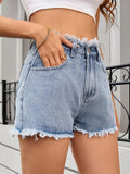 Washed Raw Hem Denim Shorts - CELIVINE