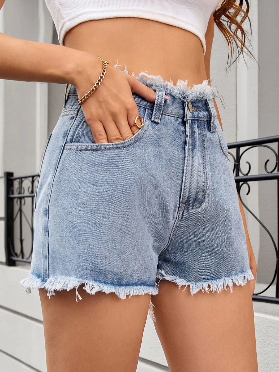 Washed Raw Hem Denim Shorts - CELIVINE