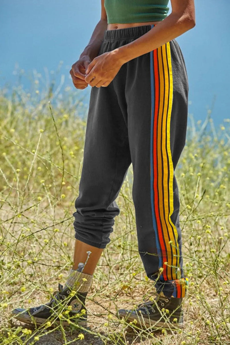 Contrast Striped Elastic Waist Active Pants - CELIVINE