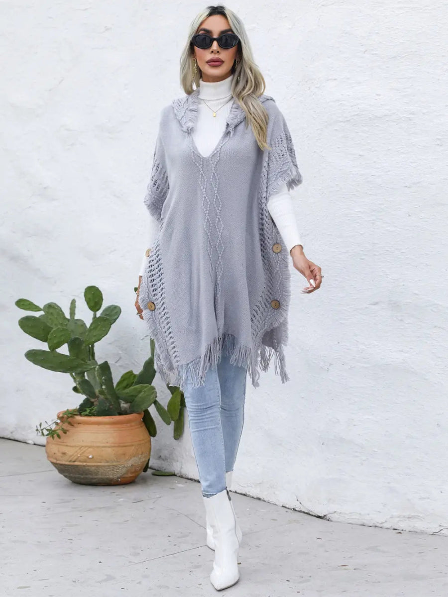 Fringe Trim Buttoned Hooded Poncho - CELIVINE