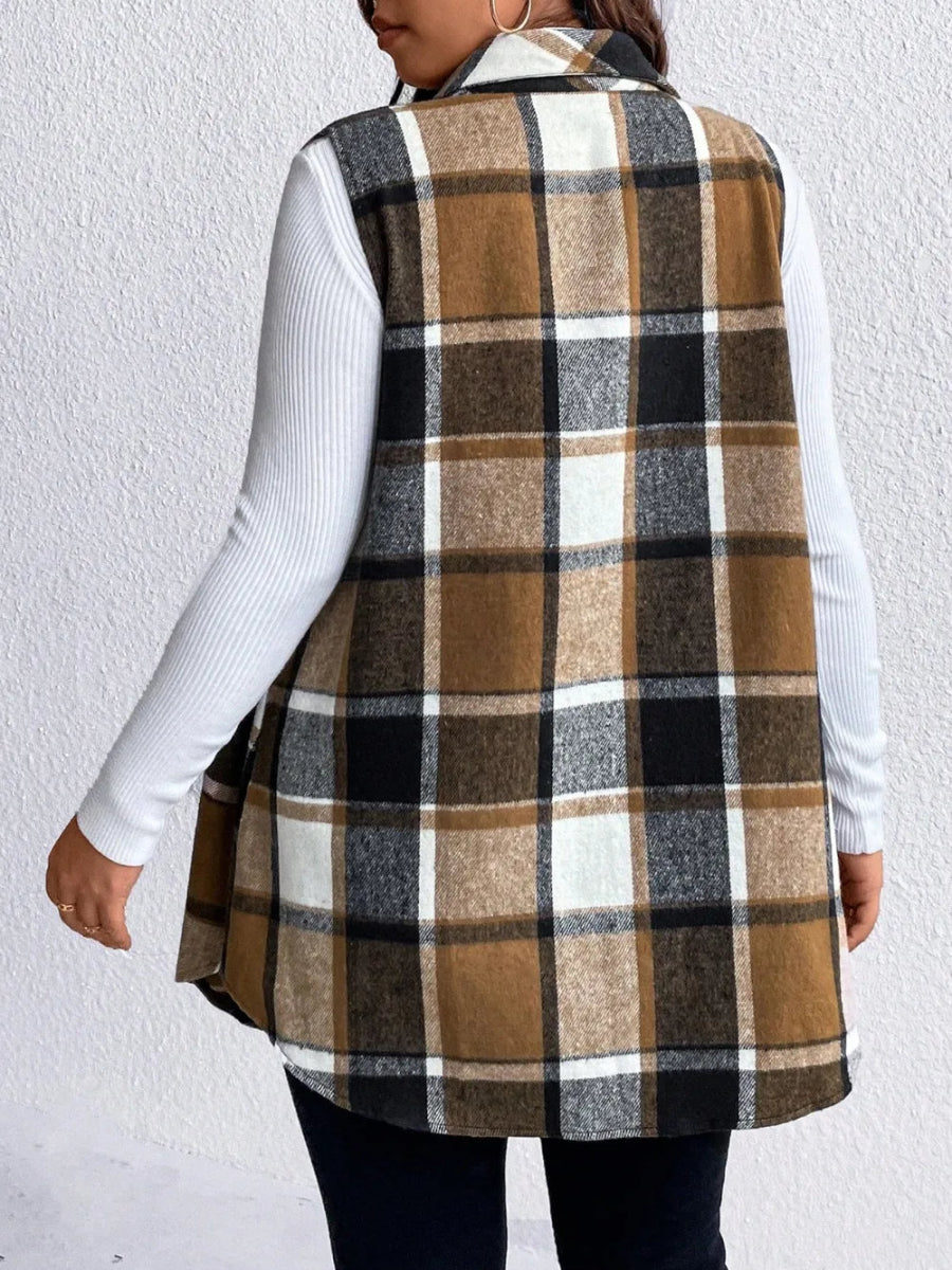 Honey Plus Size Pocketed Plaid Button Up Vest Coat - CELIVINE