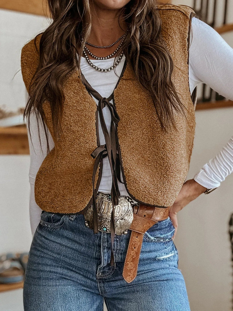 Double Tied Front Vest Coat - CELIVINE