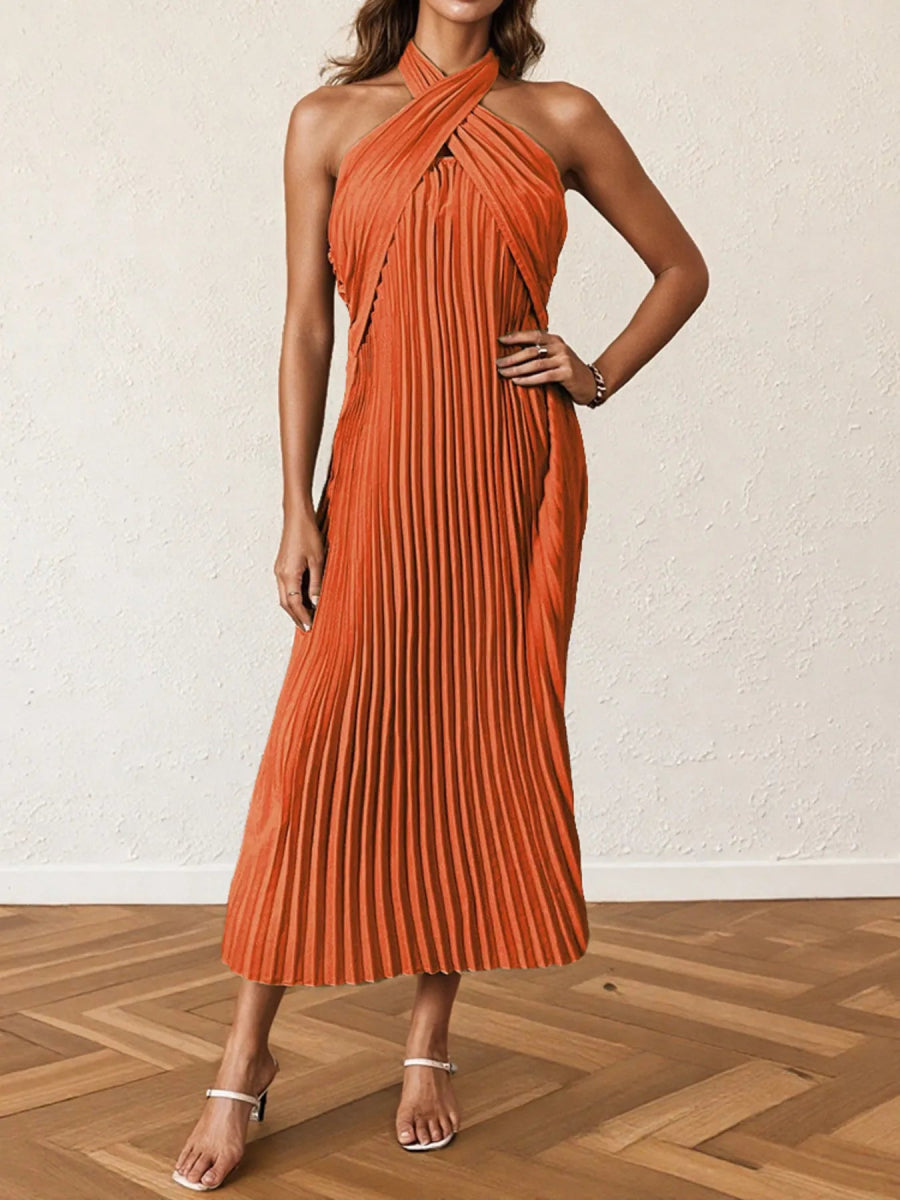 Pleated Halter Neck Midi Dress - CELIVINE