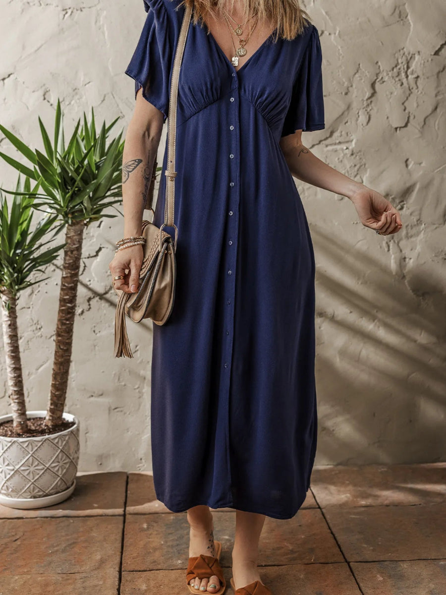 V Neck Buttoned Front Shirred Back Short Sleeve Midi Dress - CELIVINE