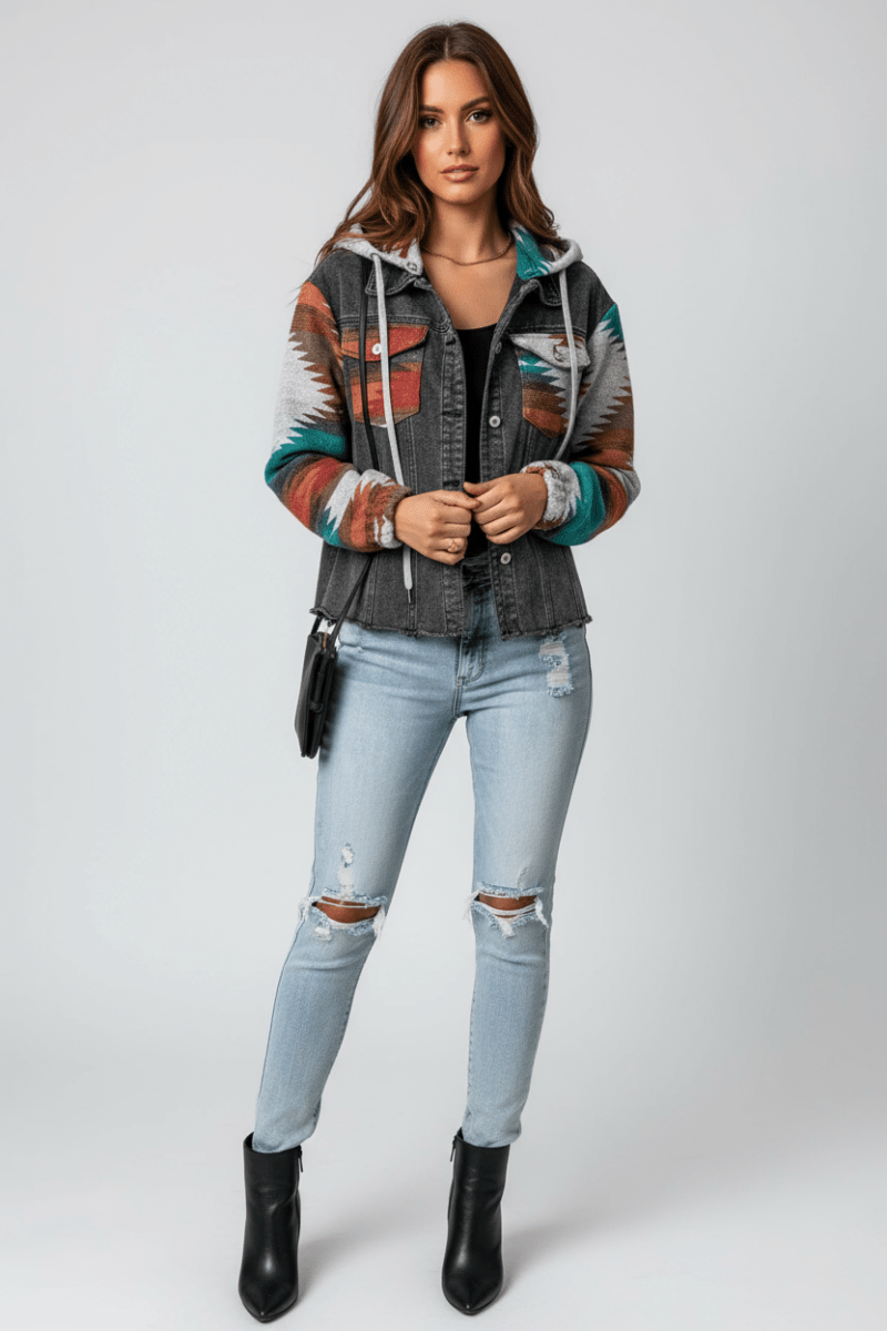 Drawstring Hooded Pocketed Denim Jacket - CELIVINE