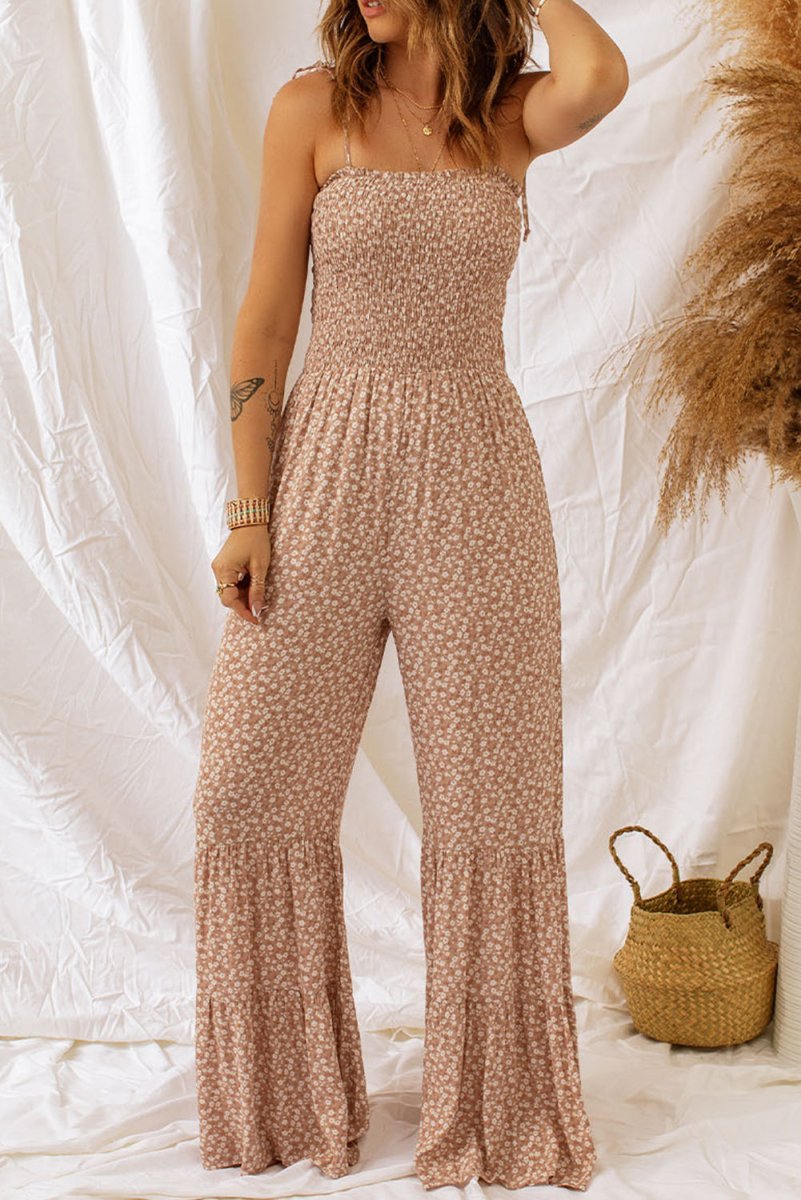 Floral Spaghetti Strap Smocked Wide Leg Jumpsuit - CELIVINE