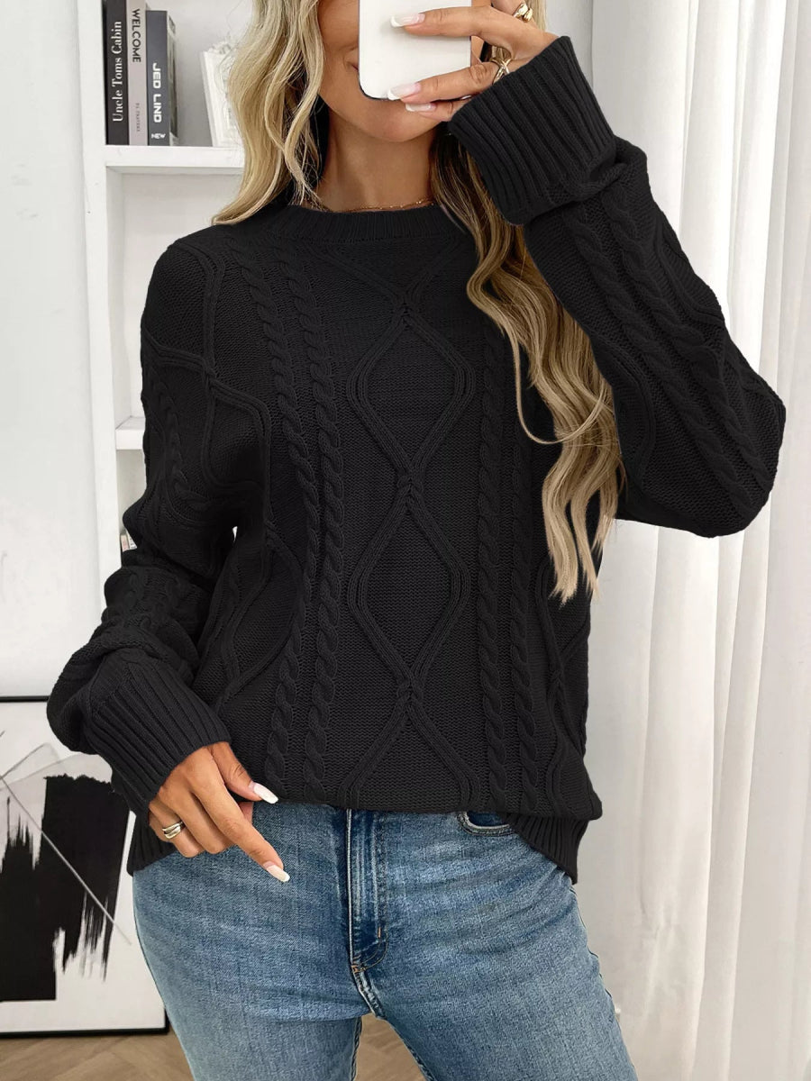 Cable Knit Round Neck Long Sleeve Sweater - CELIVINE