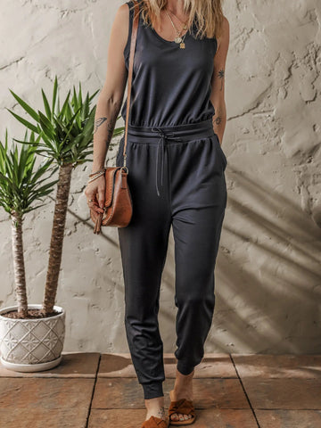 Tie Waist Sleeveless Jogger Jumpsuit - CELIVINE