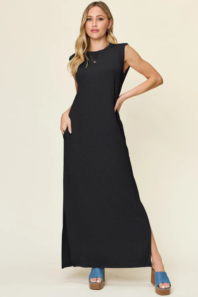 Double Take Full Size Texture Mock Neck Sleeveless Maxi Dress - CELIVINE