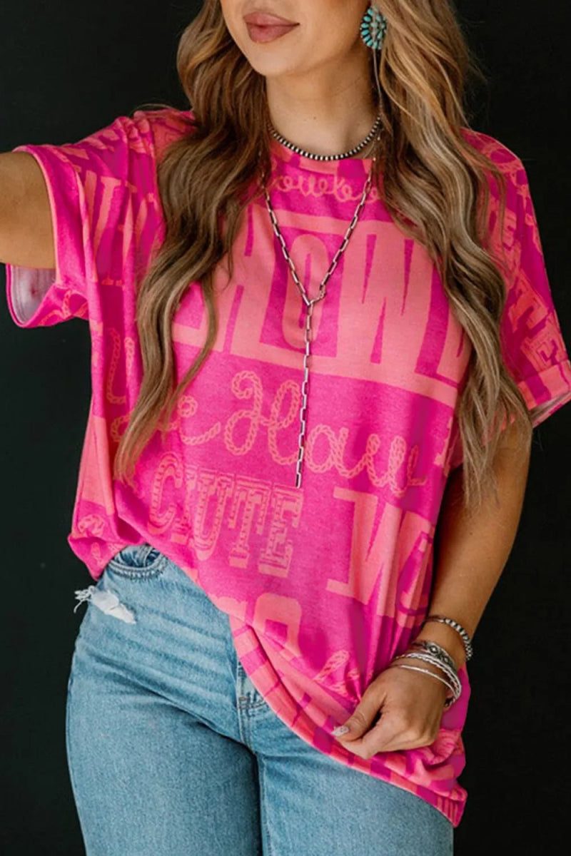 Letter Printed Round Neck Short Sleeve T-Shirt - CELIVINE